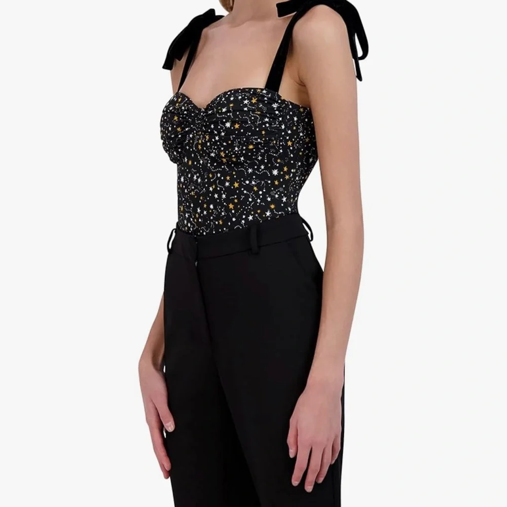New bodysuit corset top velvet ribbon straps yellow black white stars medium
